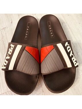 Prada Brown Slide Sandals with Red & White Accents